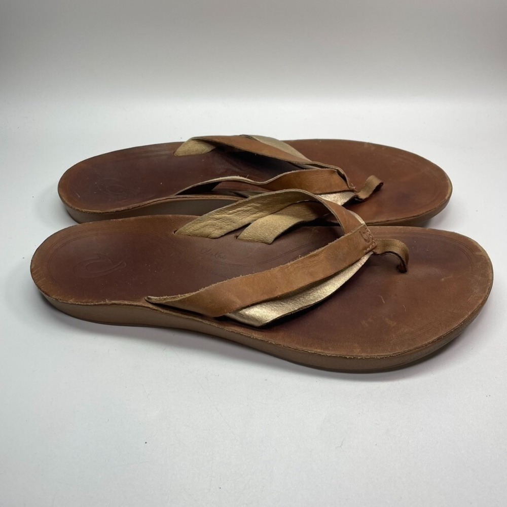 Olukai Sandals Women's Size 11 Gold Brown‎ Kaekae Leather Thong Flip Flop